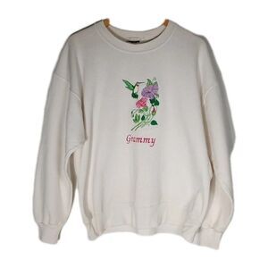 Vtg Jerzees Womens Sweatshirt Embroidered Hummingbird Flowers White Sz L Granny